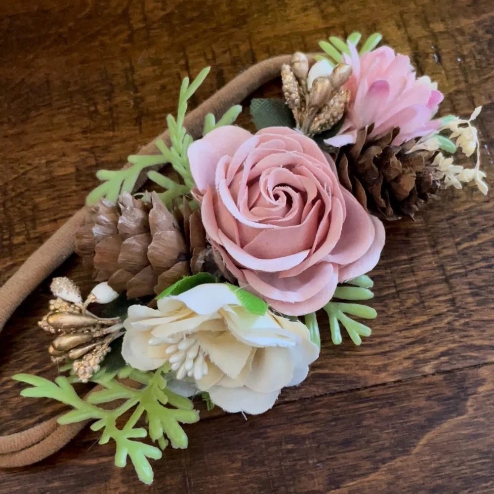 Child or Baby girl flowergirl flower floral pink pinecone winter headband hair